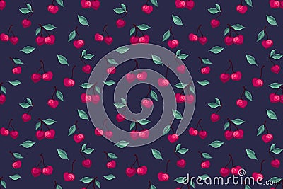 Seamless creative cute cherry pattern on a dark blue background. Summer berries, fruits, leaves, background print. Vector Illustration