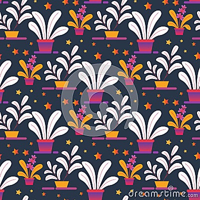 Seamless Creative Pattern of Homeplants in Pots Vector Illustration