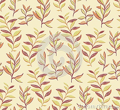 Seamless, creative, stylized leaves pattern. Vector hand drawn. Monotone, modern, yellow leaf stems print. Vector abstract drawn. Vector Illustration