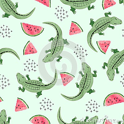 Seamless crocodile pattern with watermelon slices. Vector Illustration