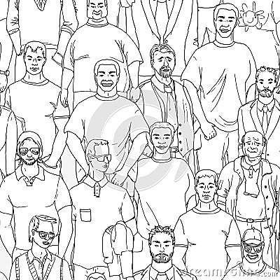 Seamless crowd of men vector pattern. Hand drawn. Vector Illustration