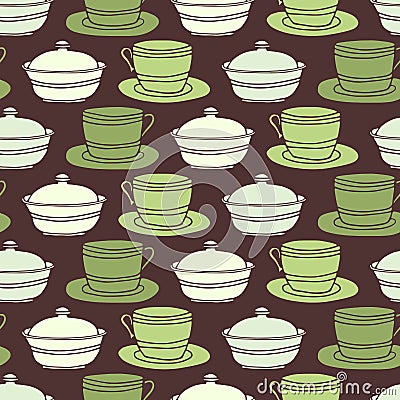 Seamless Cup, saucer and sugar bowl background Vector Illustration