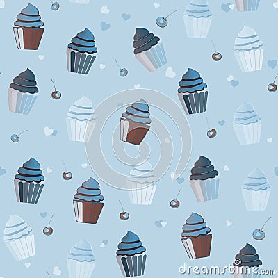 Seamless cupcake pattern with hearts and cherry, blue background. Vector Illustration