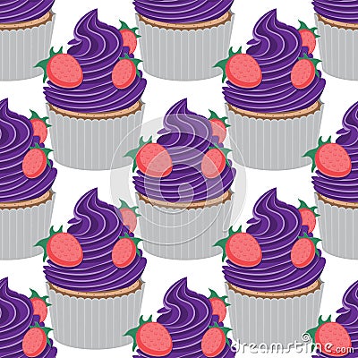 Seamless cupcake pattern with strawberries on a white background. Vector image Vector Illustration