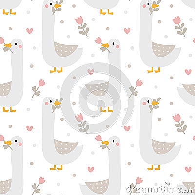 Seamless cute vector animal pattern with goose, flower, plant Vector Illustration