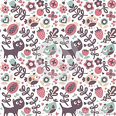 Seamless cute animal pattern made with cat, bird, flower, plant, leaf, berry, heart, friend, floral, nature Vector Illustration