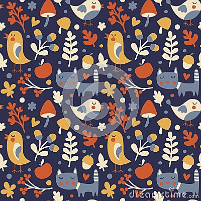 Seamless cute autumn pattern made with cat, bird, flower, plant, leaf, berry, heart, friend, floral, nature, acorn Vector Illustration