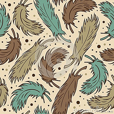 Seamless cute background with plumes. Decorative vintage pattern with feathers Vector Illustration