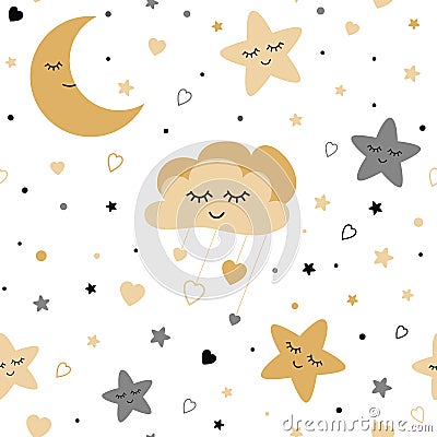 Seamless cute children pattern with baby golden stars cloud moon Kids texture background Vector illustration Cartoon Illustration