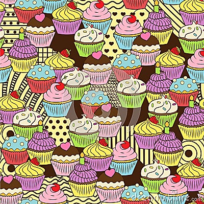 Seamless cute delicious cupcake doodle pattern. It includes yummy deserts with icing, cherry, strawberry, cream Vector Illustration