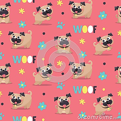 Seamless cute dog pattern with dogs, pugs, pet, puppy, paw, flowers, woof Vector Illustration