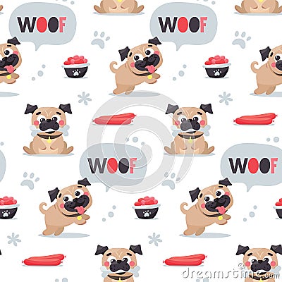 Seamless cute dog pattern with pugs, pet, puppy, woof, dog food, chicken leg, meat, sausages, paw Vector Illustration