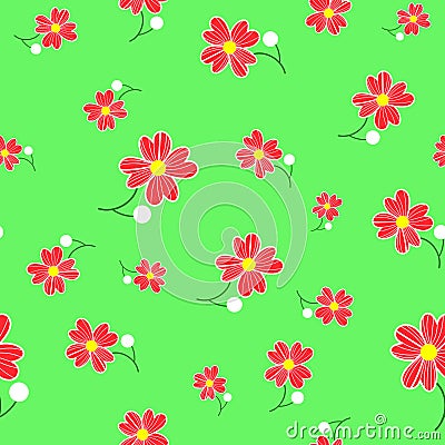 Seamless cute floral spting pattern background. Red flower pattern on green background. Mothers Day, 8 March Stock Photo