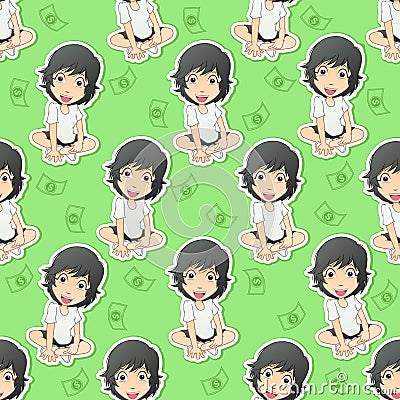 Cute girl character is sitting in pattern style. Vector Illustration