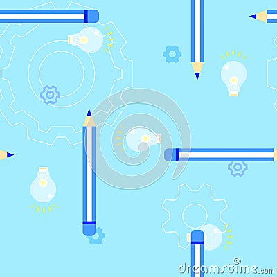 Seamless cute light bulb with pencil wood color back to school education concept repeat pattern in bright blue background Vector Illustration