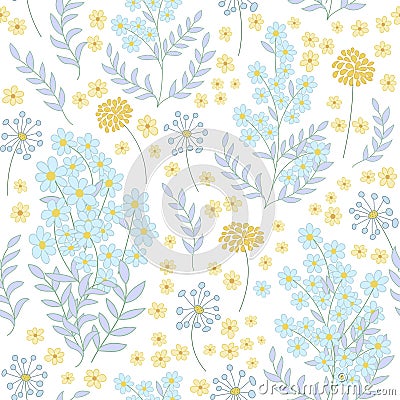 Seamless cute little flowers ornament. Delicate blue yellow on white background Vector Illustration