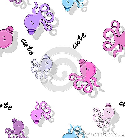 Seamless cute octopus pattern with drop shadow Stock Photo