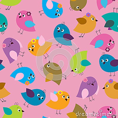 Seamless cute pattern with different colored birds Vector Illustration