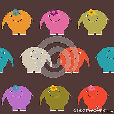 Seamless cute pattern with different colored elephants Vector Illustration