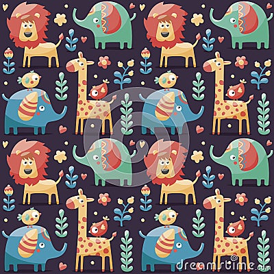 Seamless cute pattern elephants, lion,giraffe, birds, plants, jungle, flowers, hearts, leafs Vector Illustration