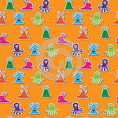 Seamless cute pattern with little cartoon monsters Vector Illustration