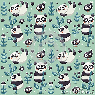 Seamless cute pattern with Panda and bamboo, plants, jungle, bird, berry, flowers Vector Illustration