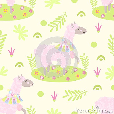 Seamless pattern with cute llama with flowers - vector illustration, eps Vector Illustration