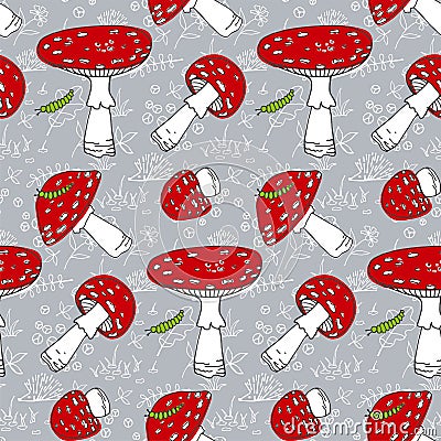 Seamless cute seasonal pattern with forest mushrooms Vector Illustration