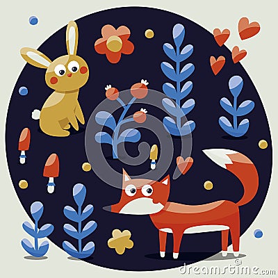 Seamless cute set made with fox, rabbit, hare, flowers, animals, plants, hearts for kids Vector Illustration