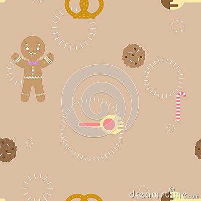 Seamless cute sweet dessert snack cookies spoon and fork gingerbread repeat pattern in brown background flat vector illustration Vector Illustration