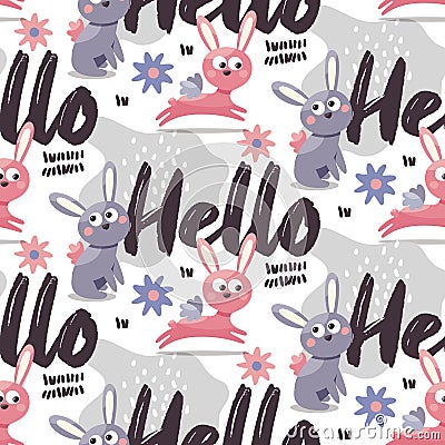 Seamless cute vector animal pattern with hares with wings, graphic elements, flowers Vector Illustration