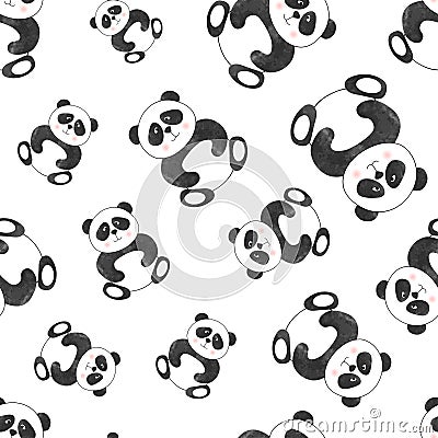 Seamless cute watercolor panda pattern Vector Illustration