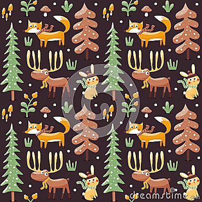 Seamless cute winter christmas pattern fox, rabbit, mushroom, moose, plants, snow, tree Vector Illustration