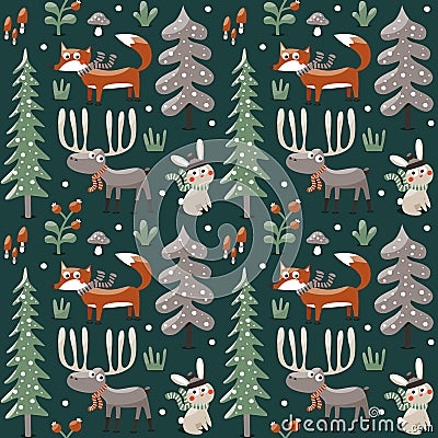 Seamless cute winter christmas pattern made with fox, rabbit, mushroom, moose, bushes, plants, snow, tree Vector Illustration