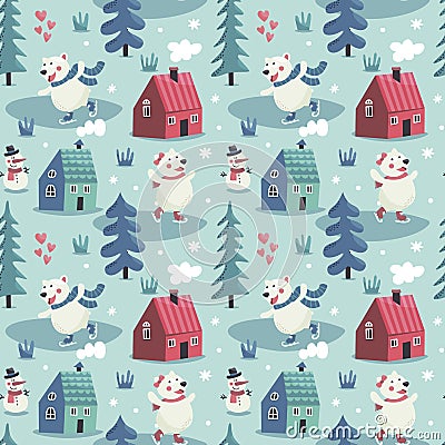 Seamless cute winter pattern with bears skate, houses, snowman, trees, forest, new year, smoke from ruby, hearts, wild Vector Illustration