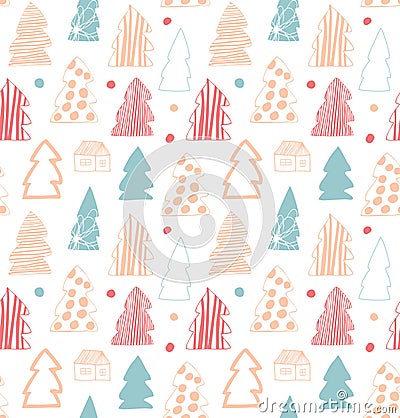 Seamless cute winter pattern. Decorative gentle background with spruces, fir-trees. Vector Illustration