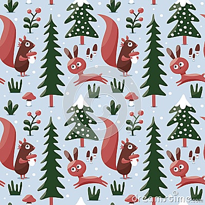 Seamless cute winter pattern made with squirrel, rabbit, mushroom, bushes, plants, snow, tree Vector Illustration