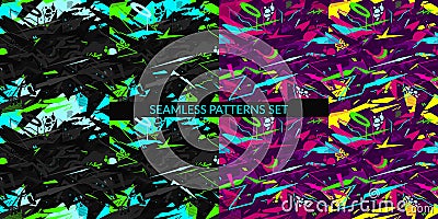 Seamless Cyberpunk Neon Abstract Graffiti Style Patterns Set Vector Illustration Art Vector Illustration