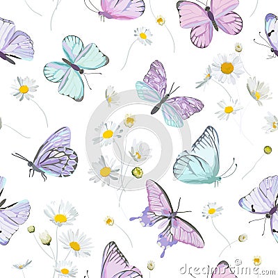 Seamless daisy flowers and butterfly vector background. Spring floral watercolor pattern Vector Illustration