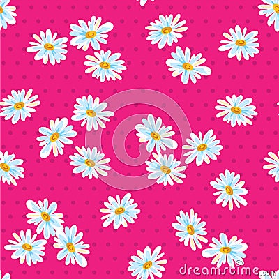 Seamless Daisy Flowers With Polka Dots Background Vector Illustration