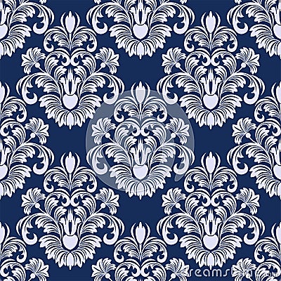 Seamless damask floral Pattern in blue colors. Vector Illustration