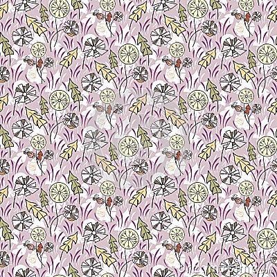 Seamless dandelion print. Spring pattern of colorful flowers, purple grass and white shadow in the background Vector Illustration
