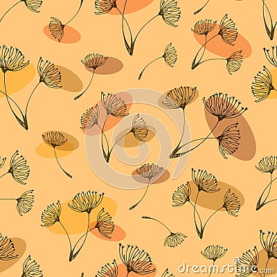 Seamless dandelions pattern on the green background. Cartoon Illustration