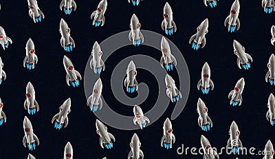 Seamless dark blue space shuttle texture with creative retro style rocket pattern design with metal toy render art Stock Photo
