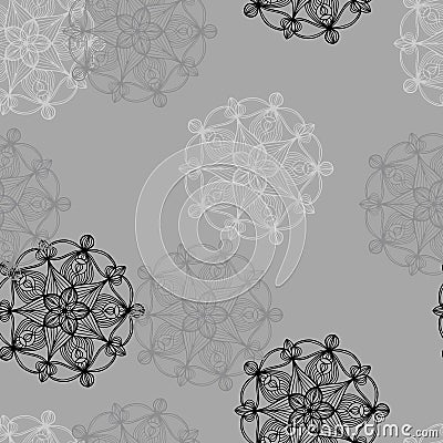 Seamless, Dark Gray raster abstract design with leaves. Sketchy doodle flowers. Hand painted design for web, wrapping. Stock Photo