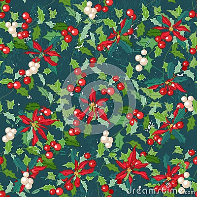 Seamless dark green pattern with traditional festive flower - Christmas star. Vector Illustration
