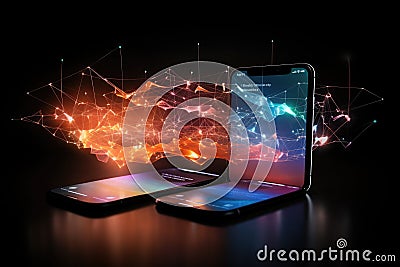 Seamless Data transfer between mobile devices. Concept of sharing information securely between devices using modern technology. Stock Photo