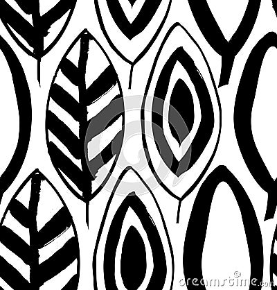 Seamless decorative black and white pattern with ink drawn leaves. Vector Illustration