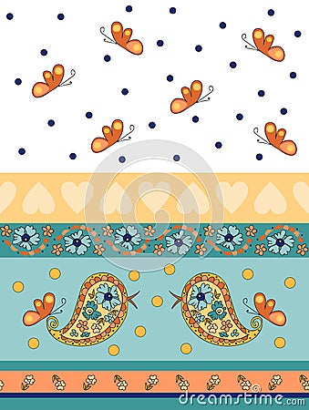 Seamless decorative border with flower, birds, hearts, butterflies Vector Illustration