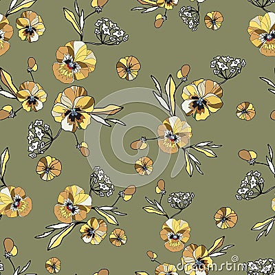 Seamless decorative elegant pattern with cute flower of viola. Vintage antique watercolor style print for textile, wallpaper, Vector Illustration